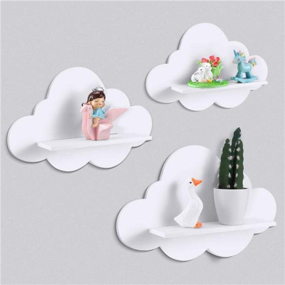 Set of 3 White Cloud Floating Shelves Wall Mounted Nursery Bedroom Bathroom Deco
